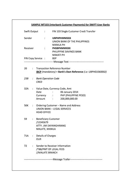 The <b>SWIFT</b> <b>MT103</b> <b>format</b> <b>specifications</b> you find on the table below contains the fields that are found in the Block 4 or Text block of. . Swift mt103 format specifications pdf